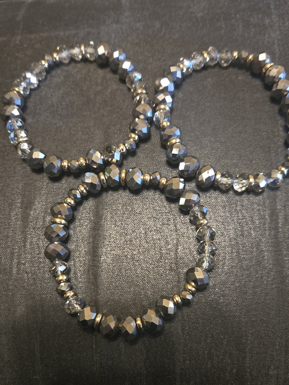 Faceted Smokey Gray And Clear Beaded With Gold Accent Stretch Bracelet - Gray